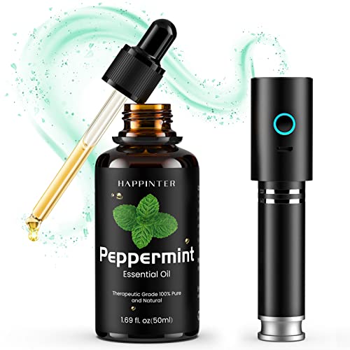 Happinter [Super 2 In 1] Peppermint Essential Oil + Metal Mini Diffuser/Humidifier, 100% Pure Mint Essential Oil Naturally Extracts Essential Oil For Soothing, Refreshing, Soap And Candle Making #TOP4