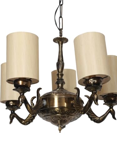 Image of Devansh 05-Light Conical Off-White Cotton Shade Chandelier - Antique Golden Finish | Adjustable Cord | Warm Glow Lamp - Ceiling Light for Living Room, Dining Area, Bedroom & Entryway Decor - D2