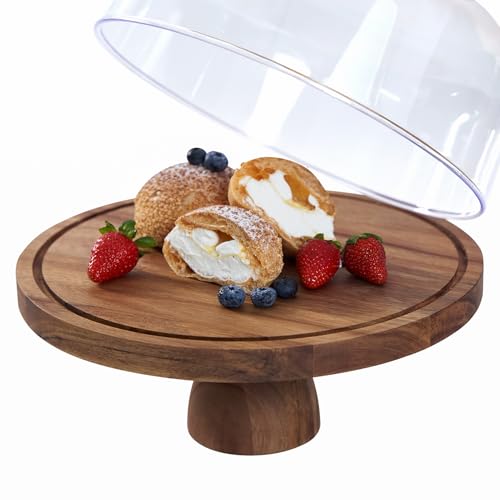 Cake Stand with Lid, Multi-Functional 12in Round Cake Holder, Acacia Wood 2-in-1 Dessert Table Display Set, Charcuterie Board for Cheese ,Fruit Platter, Large Acrylic Cake Dome Cover - Image 4