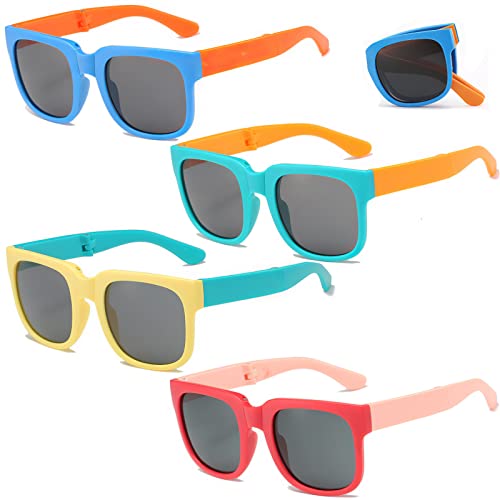 Ricawa 4 Pack Kids Sunglasses, Foldable Toddler Sunglasses Age 3-13 Boys Girls, Polarized Sunglasses for Kids, 100% UV Protection(Rectangle)