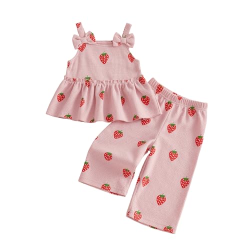 VISGOGO Infant Toddler Baby Girl Strawberry Outfit Sleeveless Waffle Cami Tank Ruffle Tops Pants Summer Clothes (Pink Strawberry 18-24 Months)