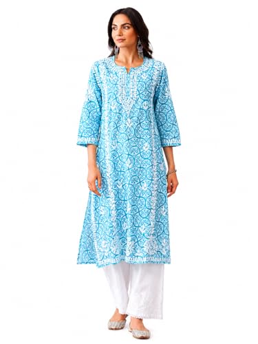 Image of Aidah Chikankari Mulmul Straight Kurta |Chikankari | Short Kurti Lucknowi Turquoise Blue