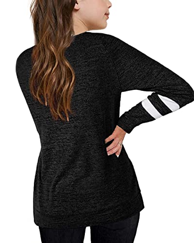 Apbondy Girls Shirts Casual Long Sleeve Crewneck Loose Striped Sweatshirts Pullover Tops Black #TOP1