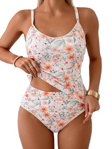 Image of Eomenie Tankini Swimsuit for Women Tummy Control Ruched Two Piece Bathing Suits High Waisted Shell Stitch Swimwear