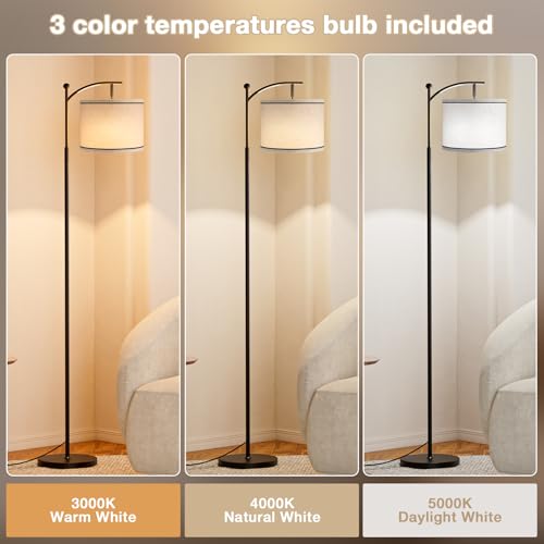 Image of Ambimall 60 inch Floor Lamp for Living Room with 3 Color Temperatures, Beige Lampshade with Black Stripes, Tall Lamp for Bedroom Office, 9W Bulb Included