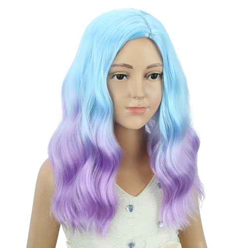Image of PATTNIUM Blue Ombre Purple Short Curly Wavy Wigs for Girls Kids Side Part Shoulder Length Heat Resistant Synthetic Wig Halloween Cosplay Costume Party Wigs