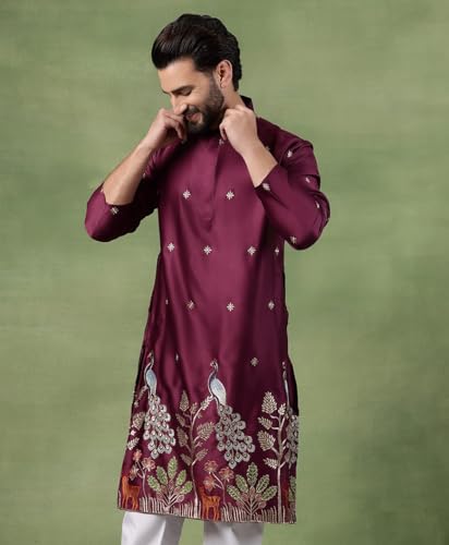 Image of SOJANYA (Since 1958 Men's Cotton Silk Flora & Fauna Embroidered Long Kurta