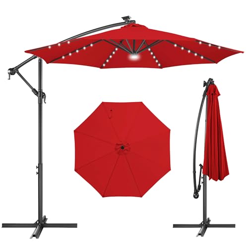 Image of Solar Offset Patio Umbrella - 10 FT Solar Cantilever Umbrella Outdoor with 40 LED Lights and Cross Base, UV Protection for Garden, Deck, Backyard, Pool, Porch, Red