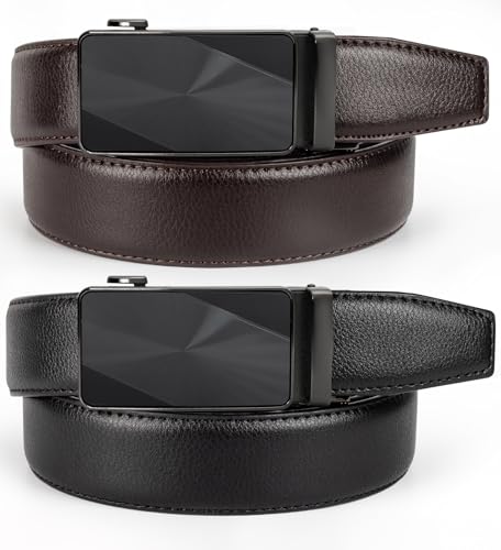 Image of Mens Ratchet Belts Leather-2 Packs,Adjustable Slide Belts For Gifts Men Dress and Casual 1 3 /8 inch,Cut for Perfect Fit