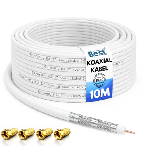 Germany B.e.s.t Koaxialkabel 10m SAT-Kabel | 4K Ultra HD | Class A+ | DVB-S/S2 DVB-C DVB-T BK Anlagen | 5Fach Geschirmt | 135dB | Antennenkabel | Koaxkabel | 4x F-Stecker