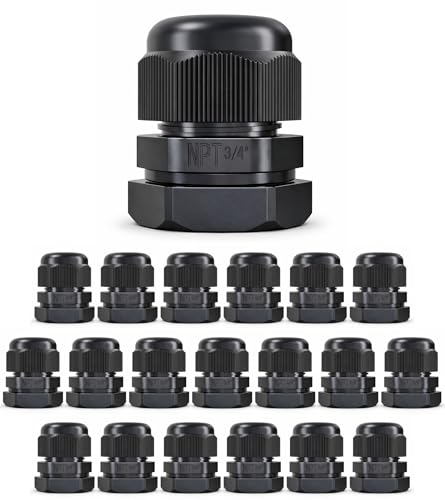 MGI SpeedWare 3/4" NPT Strain Relief Nylon Cord Grip Cable Glands, Black Plastic Grommet 20-Pack
