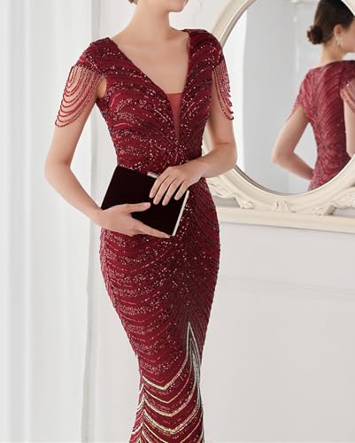 Image of houstil Formal Dresses for Women Sequin 1920s Full Length Evening Party Gown Great Gatsby Cocktail Wedding Dress