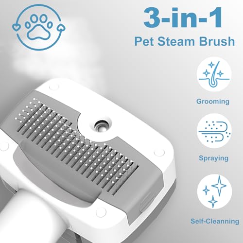 Image of 5 in 1 Pet Steam Brush for Dogs & Cats - Self Cleaning, 3 Pet Brush for Smoothing, Dematting, Thinning - Shedding, Grooming & Hair Removal, Includes Shampoo & Storage Case (7.2 inch-pinbrush)