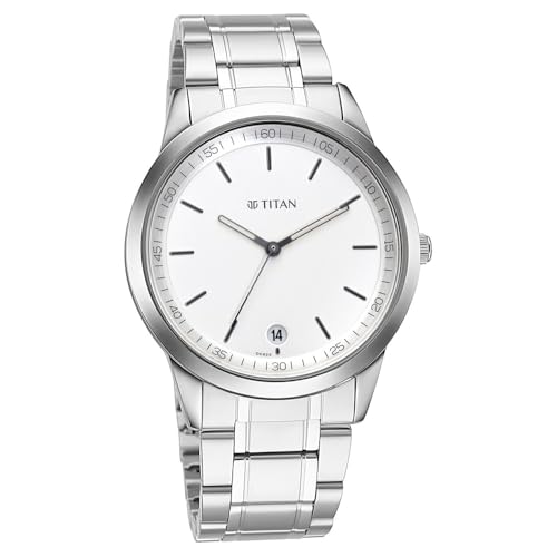 Image of Titan Minimalist Timeless Style Quartz Analog with Date Beige Dial Silver Metal Strap Watch for Men - NP1806SM03