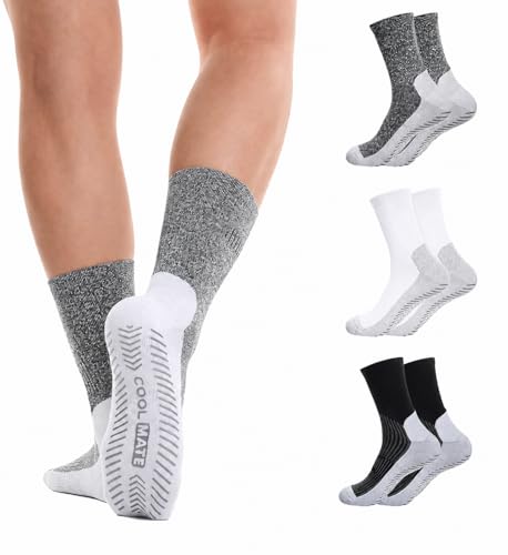 Image of CoolMate Mens Grip Socks, Non-Slip Mens Crew Socks for Hospital Elderly | Grip pads keep their hold wash after wash. Soft cotton-poly blend for pilates, yoga, barre, or post-surgery recovery at home.