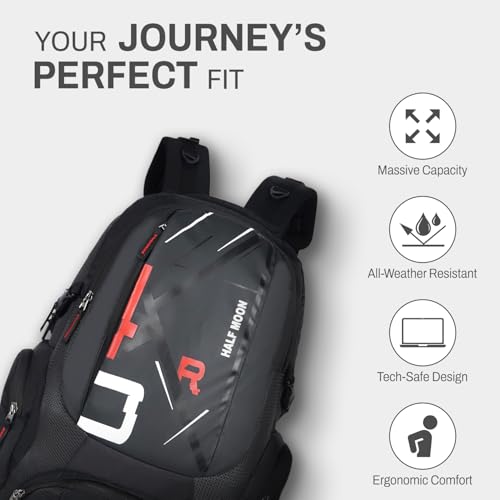Image of Half Moon Extra Large 60L Rucksack Travel Backpack Bag for Man Waterproof Trekking Bag for Men with Rain Cover & 17-Inch Laptop Luggage Bags for Mens Hiking & Tourist Bag for Men (Black & Red)