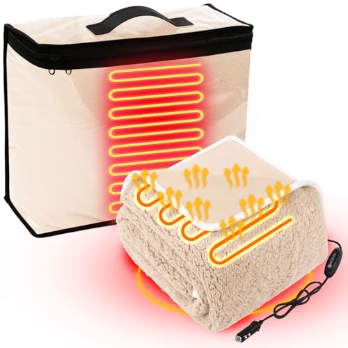 Riakrum 12V Heated Car Blanket Fleece Electric Blanket with 2 Heating Levels, USB Cigarette Lighter Socket Storage Bag, Warm for Car, Truck, SUV, RV, Camping, and Travel Cold, 58 x 43 (Khaki)