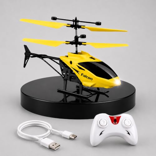 Image of KIDZYMON New Age Technology RC Helicopter with USB Cable, Safety Sensor 3.1, Gravity 2.6, 3D Light, Charging Battery, Indoor and Outdoor Flying, Remote Battery not Included (Yellow Colour)