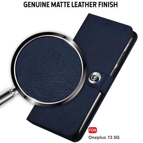 Image of TheGiftKart Flip Cover Back Case for OnePlus 13 5G | Genuine Leather Finish | Designer Button | Inbuilt Pockets & Stand | Wallet Style Flip Back Cover Case for OnePlus 13 5G (Faux Leather, Blue)