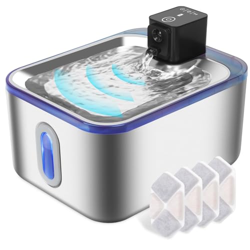 GOYJOY Stainless Steel Cat Water Fountain,5L Cat Fountain Battery Operated,Cat Water Dispenser for Cats&Dogs, Super Quiet Pump,Multiple Filters