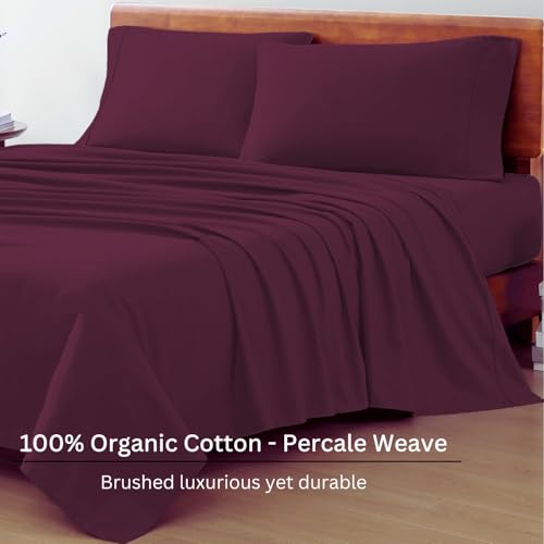 Image of LANE LINEN 100% Organic Cotton Eco Friendly Full Size Bed Sheets, Mercerized Fully Elasticized Cotton Sheets Full, Percale Weave Soft & Comfy Comes in Variety of Colors- Windsor Wine