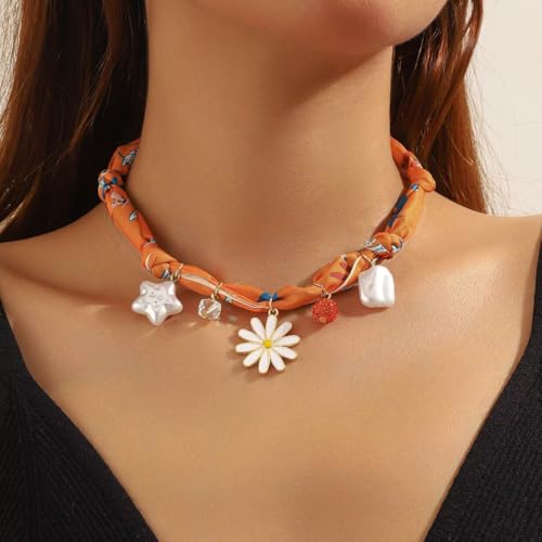 Todu Scarf Necklace with Charm for Women Bow Flower Daisy Star Heart Bandana Choker Necklace Boho Beach Jewelry2