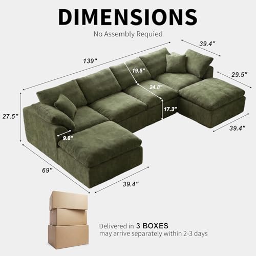 Image of Cloud Couch Sectional for Living Room, Modular U Shaped Boneless Sofa with Chaise, Compressed No Assembly Couch, Deep Seat Chenille Upholstered Convertible Sofa Bed(Forest Green)
