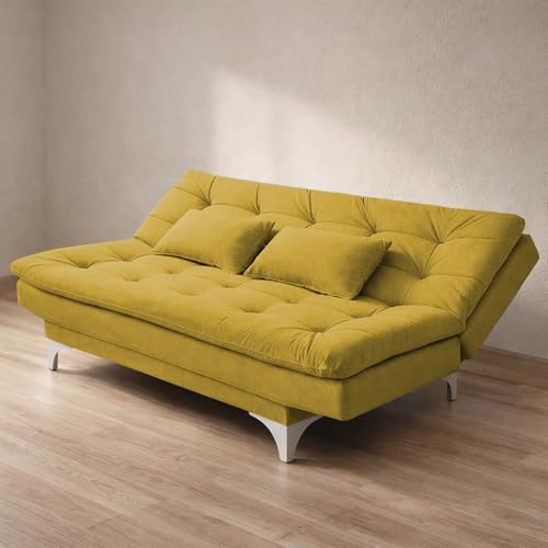 Image of Krancy Solid Wood 3 Seater Sofa Cum Bed with Ottomon | Convertible Wooden Couch for Living Room, Home & Office | Modern Designer Furniture | 1 Year Warranty | Yellow Color