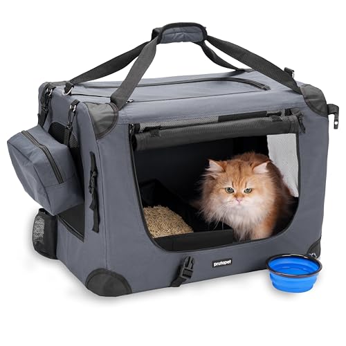 Prutapet Large Cat Carrier 24"x16.5"x16.5" Soft-Sided Portable Pet Crate for Car Traveling with Collapsible Litter Box and Bowl