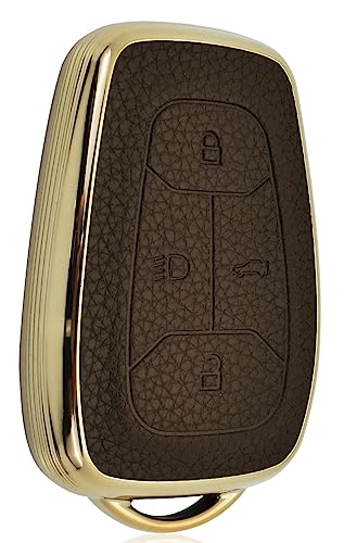 Image of JVCV Premium Soft Gold Border TPU Leather Pattern Key Cover Compatible with Tata Nexon, Harrier, Tiago EV, Altroz, Tigor, Safari, Nexon EV, Punch, Punch EV 4 Button Smart Key (Brown)