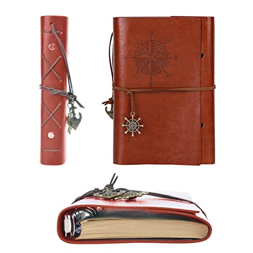 NectaRoy Retro Vintage Denizcilik Defteri Klasik PU Deri Kapak Not Defteri Seyahat Günlüğü Seyahat Dergisi Doldurulabilir Eskiz Defteri Spiral Halka Binder Günlüğü Boş Sayfalar, Astarsız Kağıt, Retro Kolye, Klasik Kabartmalı (130x185 mm, Kahverengi)