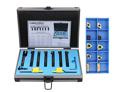 Accusize Industrial Tools 7 Pieces/Set 3/8'' Indexable Carbide Turning Tool Set with 10 Extra Carbide Inserts in Fitted Box, 2387-2003plus