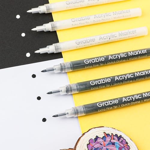 Image of Grabie Black & White Extra Fine Tip Acrylic Paint Marker Set, 6 Pack, 0.7mm Acrylic Paint Pens for Highlights and Fine Details on Drawings, Rock Painting Glass Canvas Wood, White Highlight Markers