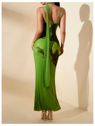 Verdusa Women's Floral Print Bodycon Fishtail Long Dress Sleeveless Draped Neck Halter Dress with Scarf2