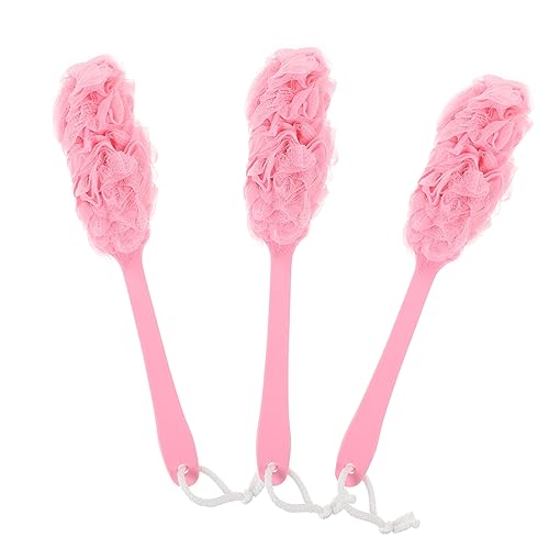 3個 柄の長いバスブラシ ボディエクスフォリエーターブラシ 入浴用ボディブラシ バスメッシュプーフ 角質除去バックスクラバー 恐竜のお風呂のおもちゃ 体 Peメッシュ素材 ピンク