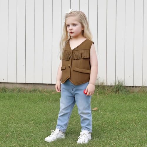 Kids Western Vest, Sleeveless Button Closure Tasseled Jacket Solid Casual Outwear for Girls Boys4