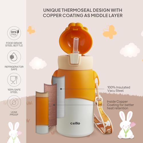 Image of Cello Bunny Kids Stainless Steel Flask 500ml, Orange | Double Walled Vacuum Insulated Technology | One Click Push Button to Open | Ideal for School, Sports, Picnics