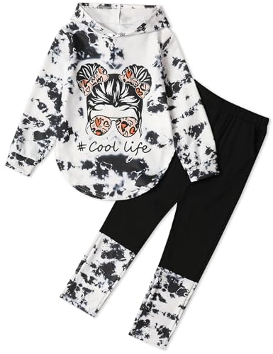 Image of Girls 2 Pcs Fall Winter Tie Dye & Leggings Outfits For Teens 5-14 | 2026 Girls Fashion Trendy, Long Sleeve Hoodie, Cool Life Print, Patchwork Pants, Back to School Holiday Tracksuit