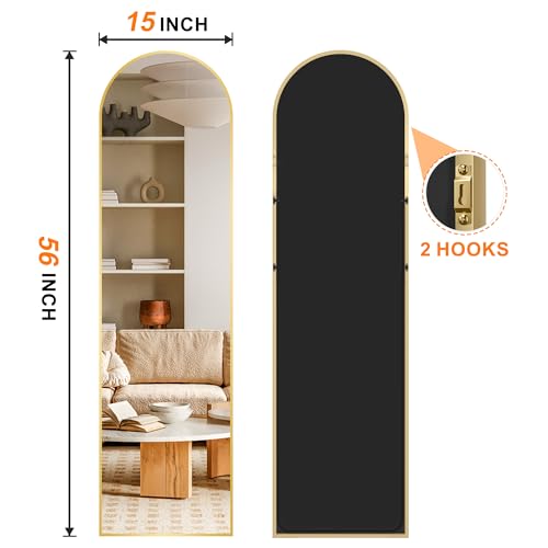 Arched Full Length Mirror, 56"x15" Standing Body Mirror for Wall, with Aluminum Alloy Frame for Bedroom, Living Room, Dressing Room(Gold)