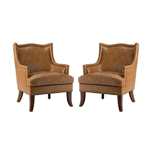 Hulala Home Leather Armchair Set Of 2, Mid-Century Accent Chairs With Nailhead Trim & Solid Wood Legs, Faux Leather Wood Frame Single Sofa Chair, Reading Armchair For Living Room, Camel #TOP2