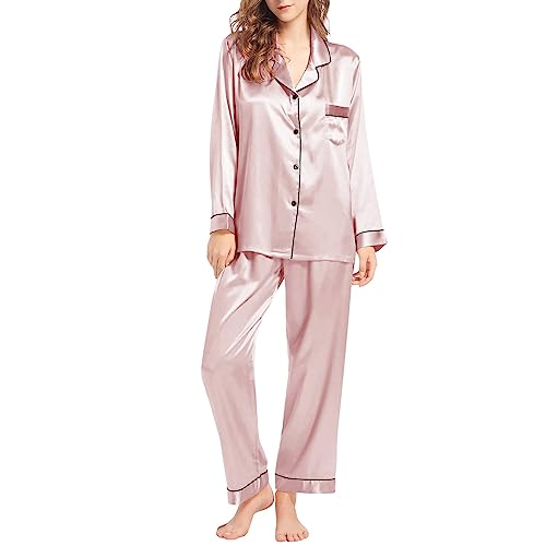Ropa de dormir de franela para mujer, conjunto de pijama de manga larga, dos pijamas con botones, ropa de dormir de Navidad, pantalones cortos para mujer, rosa, L