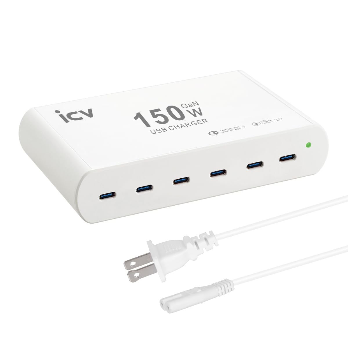 icv Stazione di ricarica rapida USB C da 150 W PD per più dispositivi, 6 porte GaN 100 W tipo C, stazione di ricarica rapida USB multiporta per MacBook, iPhone, Samsung, Galaxy, iPad, Android, bianco