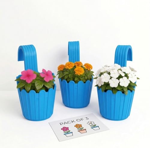 Image of Premium 6 inch Railing Planter with Hook - Durable Plastic Hanging Flower Pot for Balcony, Fence Design Gamla for Indoor /Outdoor Plants, Herbs & Creepers (3, Blue)