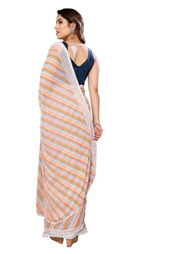 Image of ROOP SUNDARI SAREES Readymade Pleated Pre Drape Stitched Floral Printed Georgette Saree For Women's With Lace Border & Blouse(Ready To Wear One Minute)