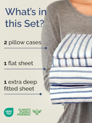 Image of Extra Deep Pocket Queen Sheet Set - Breathable & Cooling - Blue Stripes