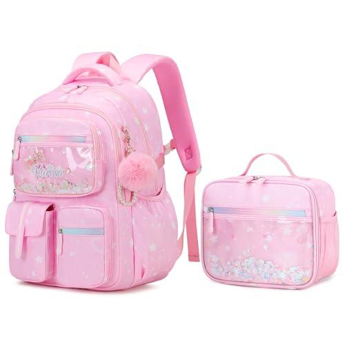 Amythe Schultasche Mädchen Rucksack Kinder Set, Stilvoller Schulrucksack für Mädchen der 1. bis 4. Klasse, Wasserdichter Ranzen School Bag mit Lunchpaket Anhänger, Rosa
