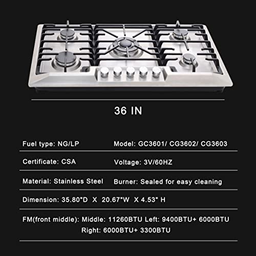 36inch Gas Cooktops, Stainless Steel 5 Burners Gas Range, NG/LPG convertible 36inch Gas Cooktops, Stainless Steel 5 Burners Gas Range, NG/LPG convertible