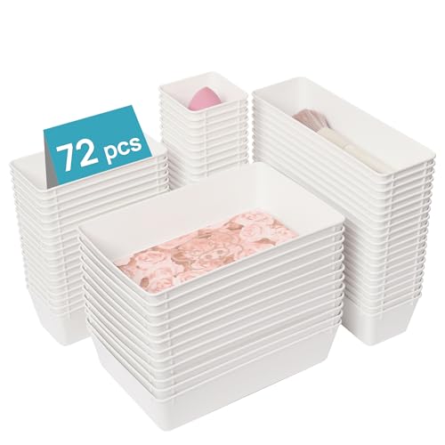 Vtopmart 72 PCS Plastic Drawer Organizers Set, 4-Size Versatile Bathroom and Vanity Organizer Trays, Non-Slip Storage Bins for Makeup, Jewelries, Kitchen Utensils and Office Desk, White