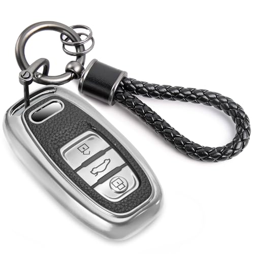 Image of Key Fob Cover for Audi, Braided Loop Keychain Accessory, Silver | Wear-resistant TPU shell, short PU braided loop, daily splash, scratch and drop protection, normal signal use, easy setup