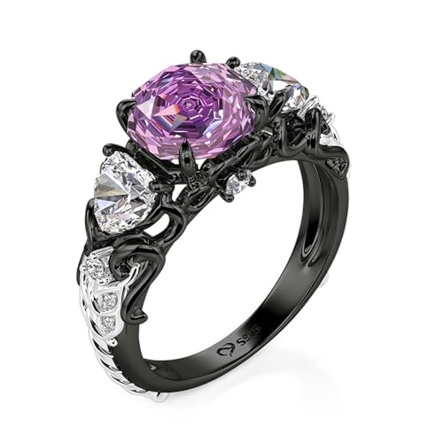Image of Jeulia Women's Three-Stone Purple Rose Ring, Sterling Silver Black Plated, Shakespeare Inspired Midsummer Night Love-in-idleness Ring, Romantic Gift for Her